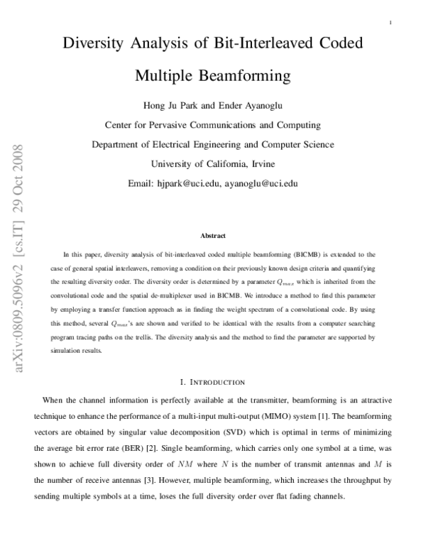 (PDF) Diversity Analysis of Bit-Interleaved Coded Multiple Beamforming