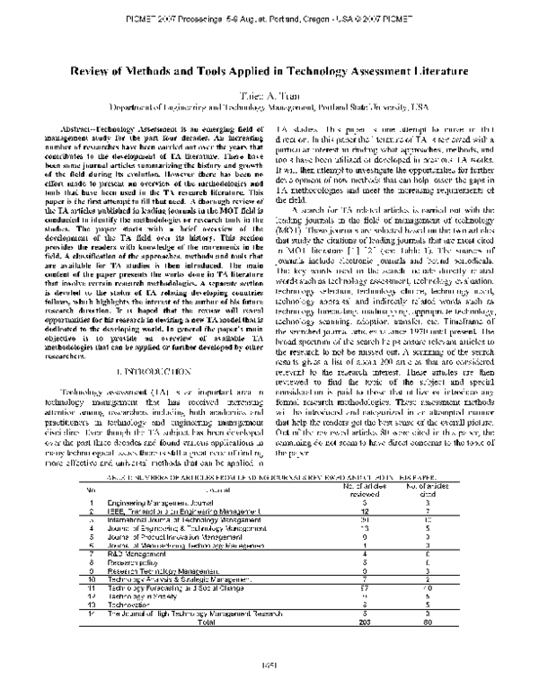 (PDF) Review of Methods and Tools Applied in Technology Assessment ...