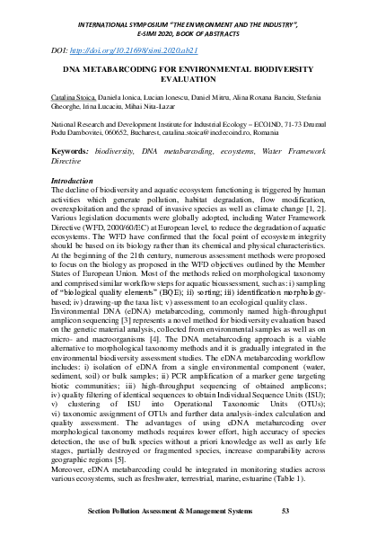 (PDF) Dna Metabarcoding for Environmental Biodiversity Evaluation