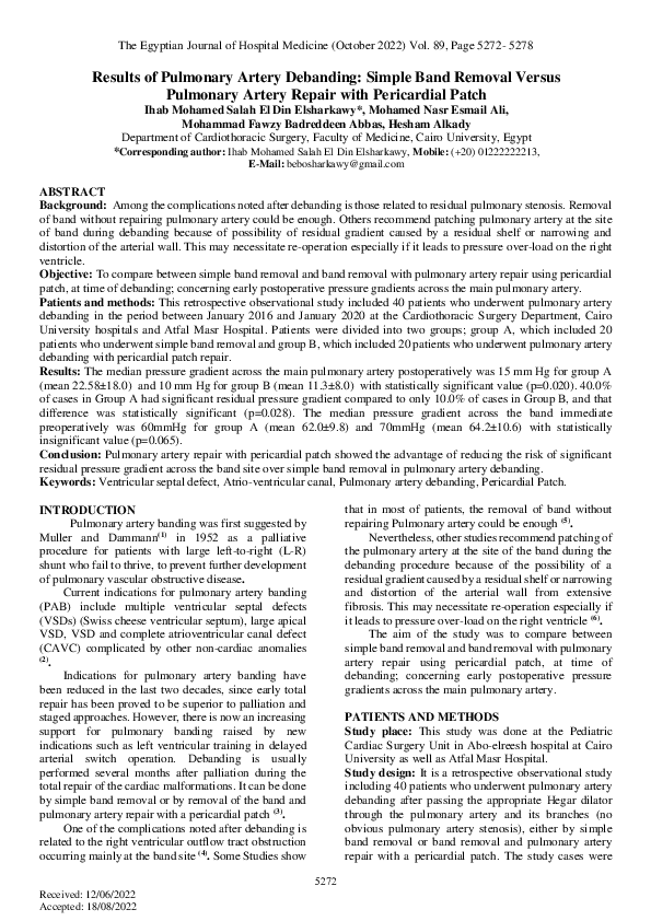 (PDF) Results of Pulmonary Artery Debanding: Simple Band Removal Versus ...