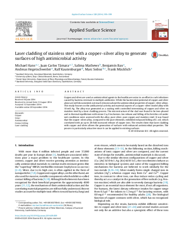 (PDF) Laser cladding of stainless steel with a copper–silver alloy to ...