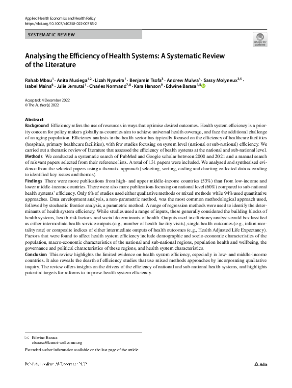(PDF) Analysing the Efficiency of Health Systems: A Systematic Review ...