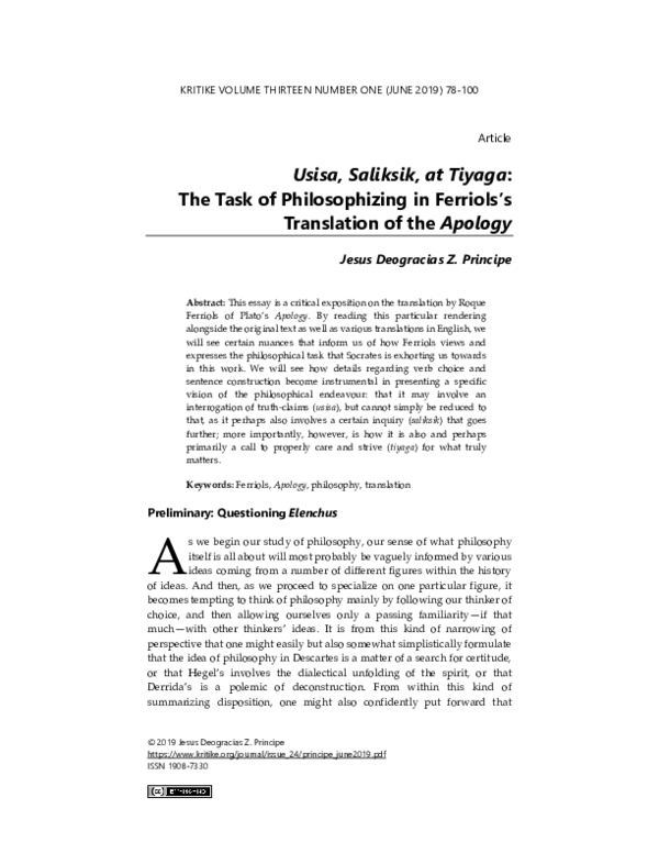 (PDF) Usisa, Saliksik, at Tiyaga: The Task of Philosophizing Ferriols's ...