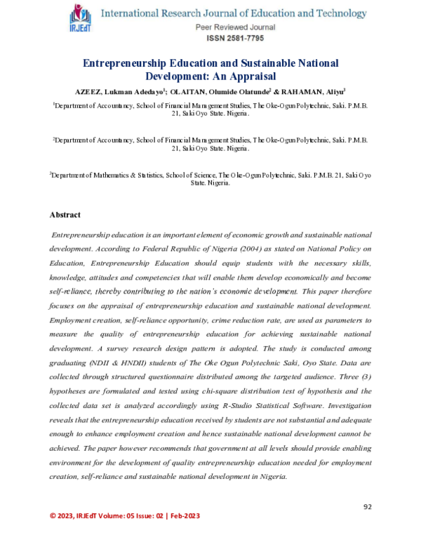 (PDF) Entrepreneurship Education and Sustainable National Development ...