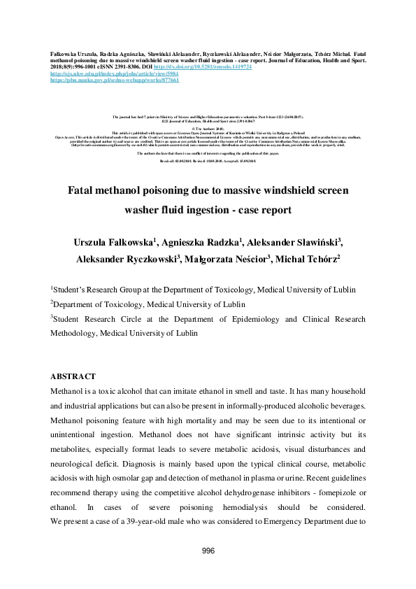 (PDF) Fatal Methanol Poisoning Due To Massive Windshield Screen Washer
