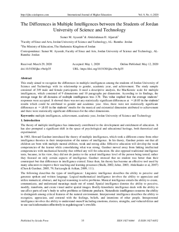 (PDF) The Differences in Multiple Intelligences between the Students of ...