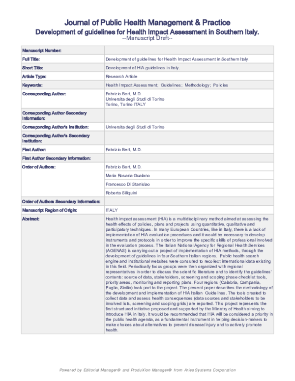 (PDF) Development of Guidelines for Health Impact Assessment in ...
