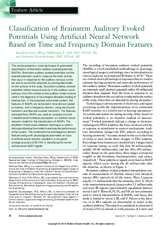 (PDF) Classification of Brainstem Auditory Evoked Potentials Using ...