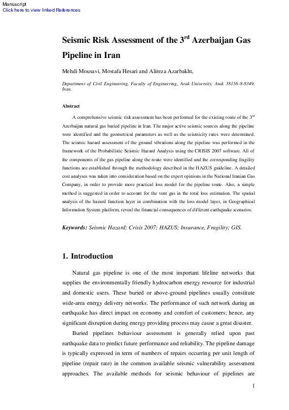 (PDF) Seismic risk assessment of the 3rd Azerbaijan gas pipeline in Iran