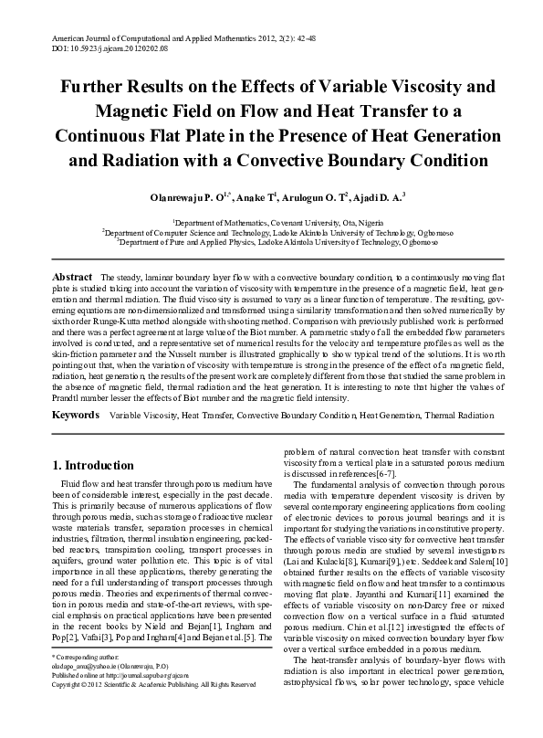 (PDF) Further Results on the Effects of Variable Viscosity and Magnetic ...
