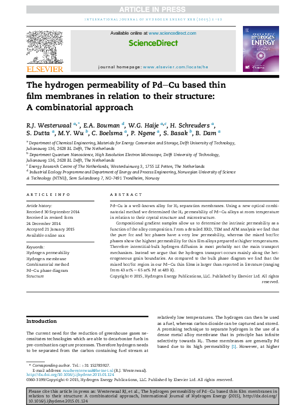 (PDF) The hydrogen permeability of Pd–Cu based thin film membranes in ...