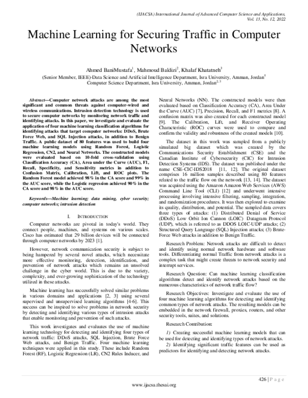 (PDF) Machine Learning for Securing Traffic in Computer Networks