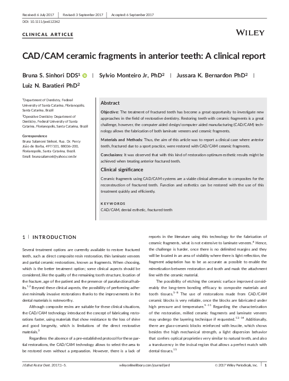 (PDF) CAD/CAM ceramic fragments in anterior teeth: A clinical report