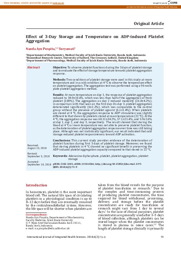 Effect of 3-Day Storage and Temperature on ADP-induced Platelet Aggregation