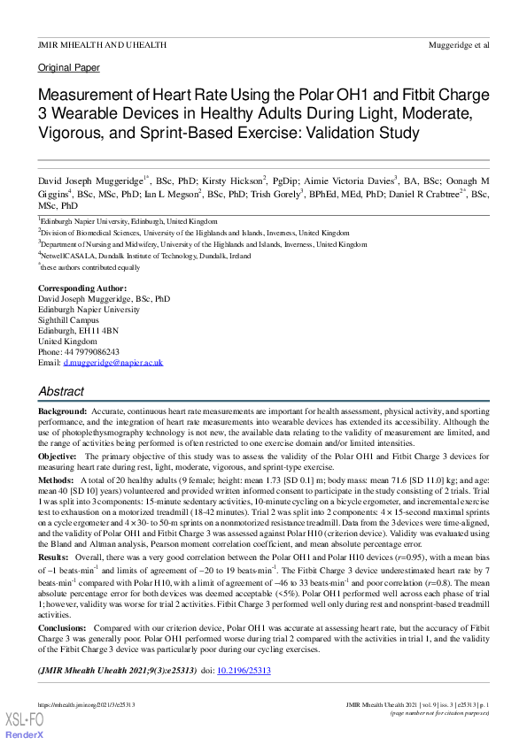 (PDF) Measurement of Heart Rate Using the Polar OH1 and Fitbit Charge 3 ...