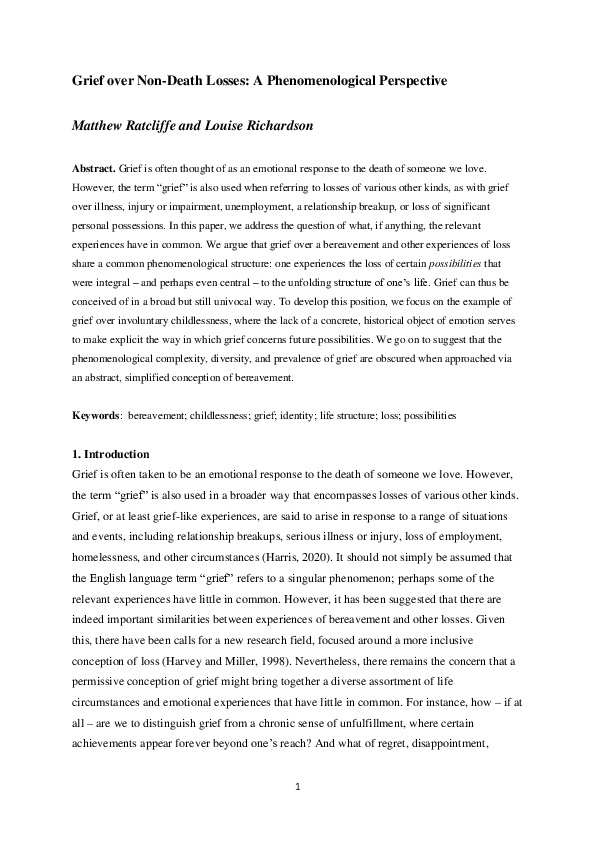 (PDF) Grief over Non-Death Losses: A Phenomenological Perspective