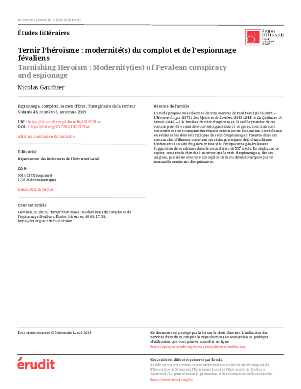 (PDF) Ternir l’héroïsme : modernité(s) du complot et de l’espionnage ...