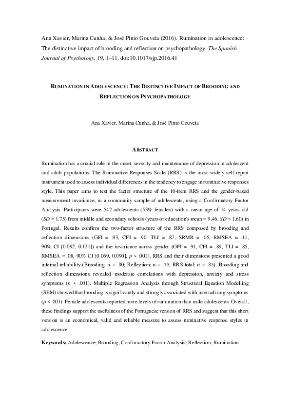 (PDF) Rumination in Adolescence: the Distinctive Impact of Brooding and ...