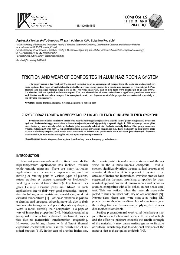 (PDF) Friction and wear of composites in alumina/zirconia system