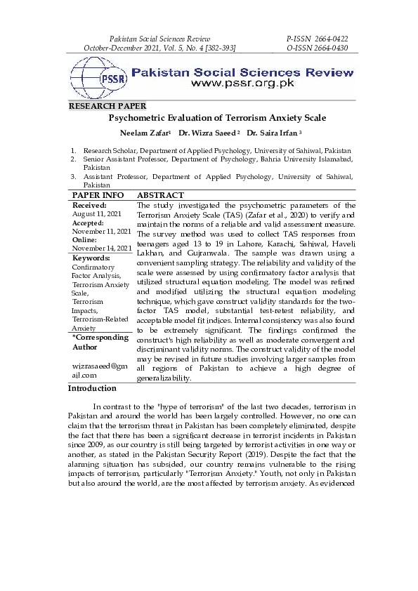 (PDF) Psychometric Evaluation of Terrorism Anxiety Scale