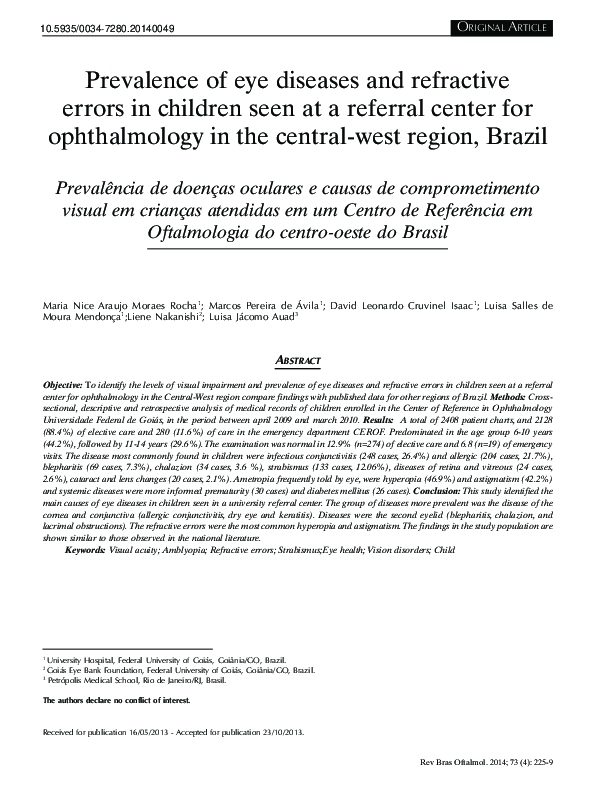 (PDF) Prevalence of eye diseases and refractive errors in children seen ...