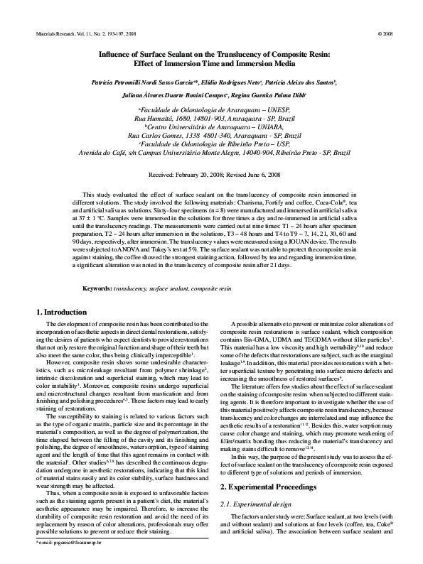 (PDF) Influence of surface sealant on the translucency of composite ...