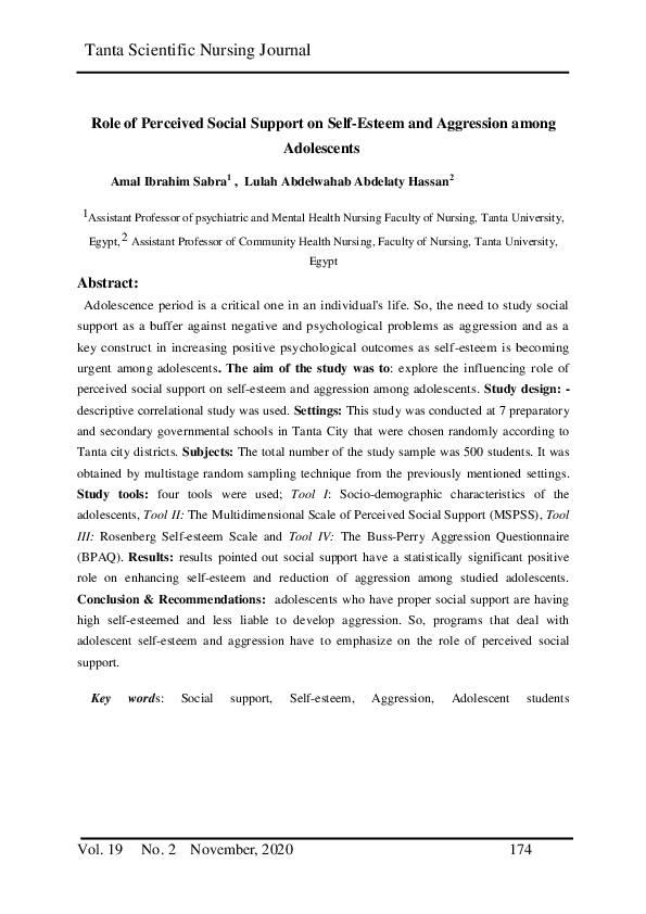 (PDF) Role of Perceived Social Support on Self-Esteem and Aggression ...