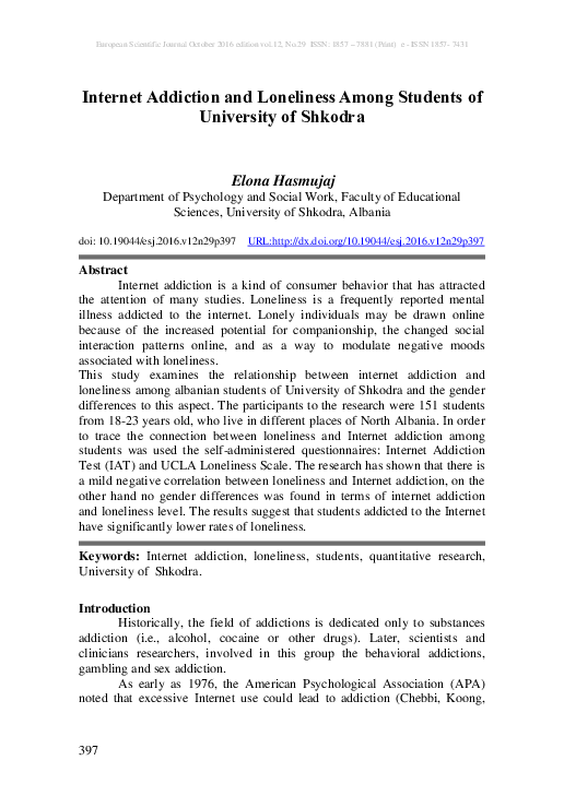 (PDF) Internet Addiction and Loneliness Among Students of University of ...
