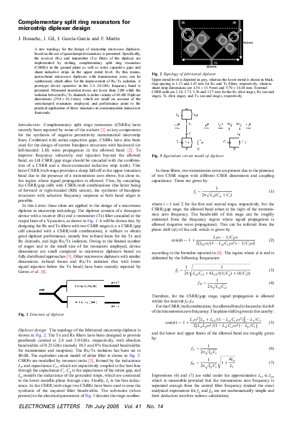 (PDF) Complementary split ring resonators for microstrip diplexer design