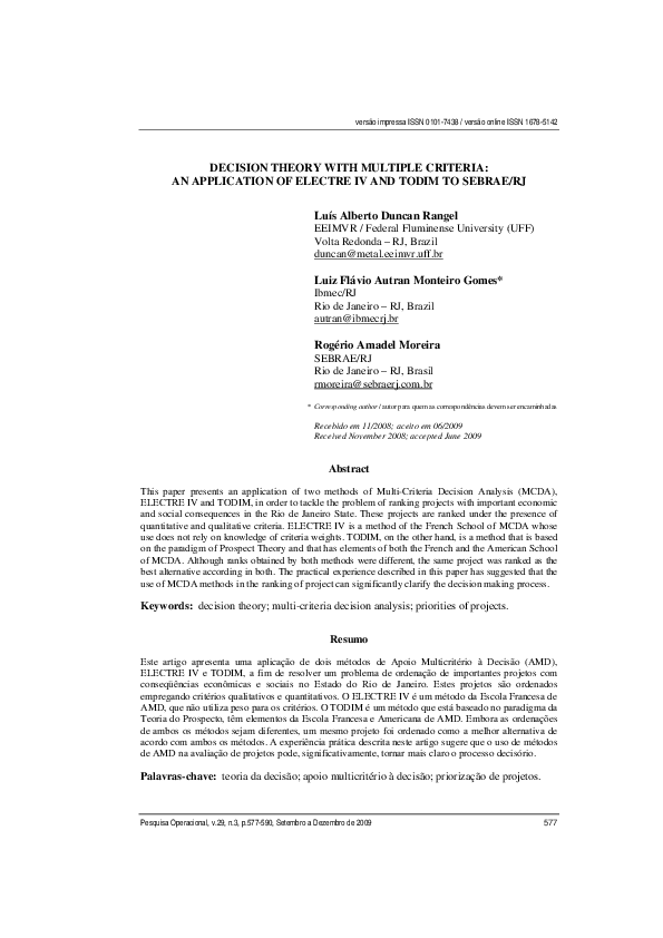 (PDF) Decision theory with multiple criteria: an aplication of ELECTRE ...