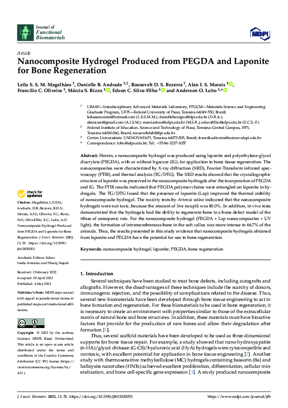 (PDF) Nanocomposite Hydrogel Produced from PEGDA and Laponite for Bone ...