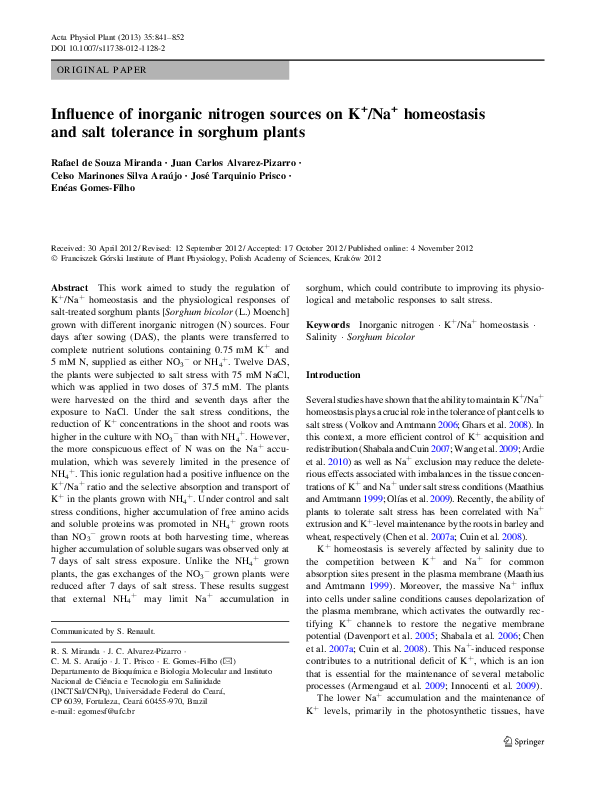 (PDF) Influence of inorganic nitrogen sources on K+/Na+ homeostasis and ...