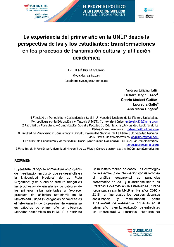 (PDF) La experiencia del primer año en la UNLP desde la perspectiva de ...