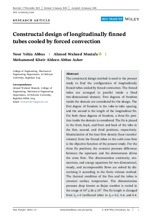 (PDF) Constructal design of longitudinally finned tubes cooled by ...