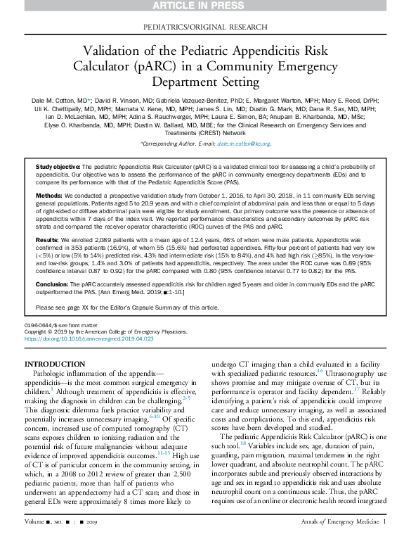 (PDF) Validation of the Pediatric Appendicitis Risk Calculator (pARC ...