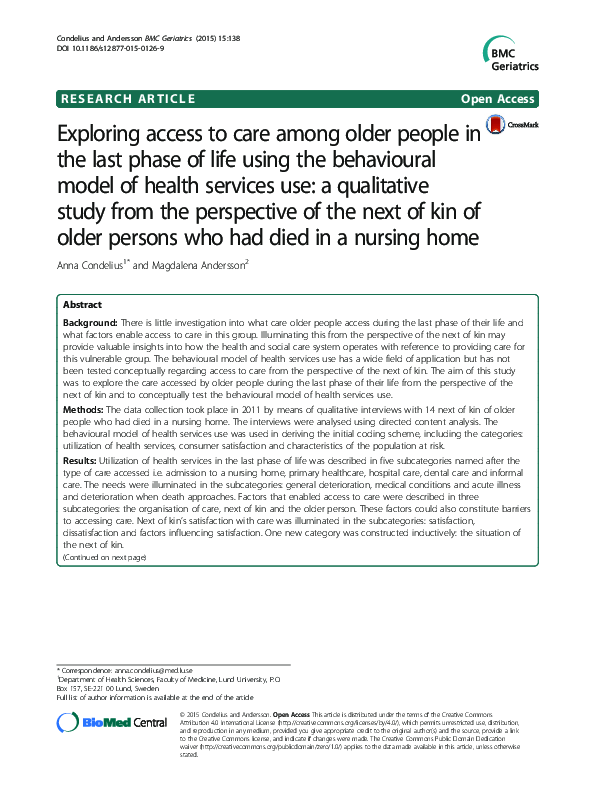 (PDF) Exploring access to care among older people in the last phase of ...