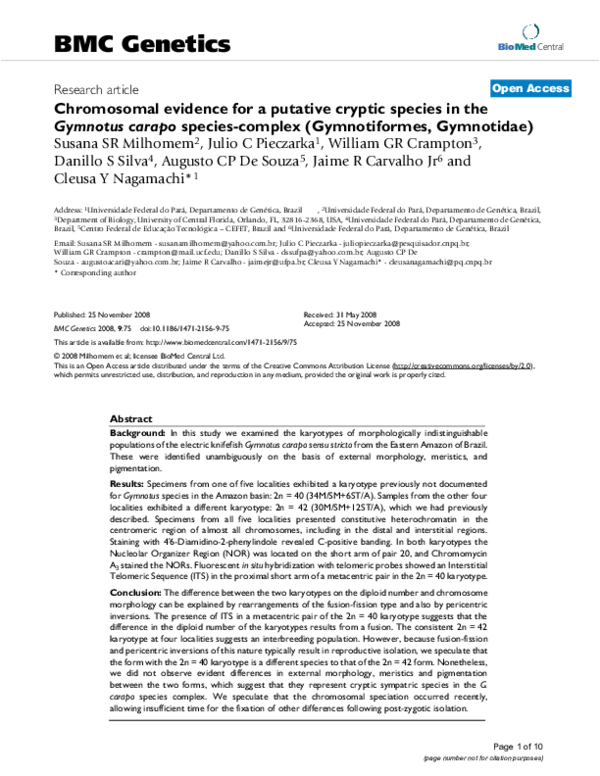 (PDF) Karyotypic Analysis Reveals Cryptic Species in Gymnotus carapo