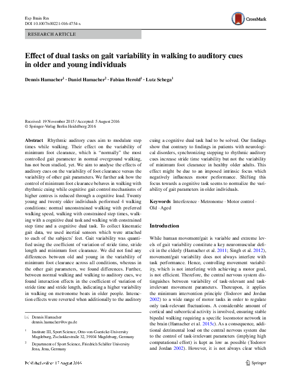 (PDF) Effect of dual tasks on gait variability in walking to auditory ...