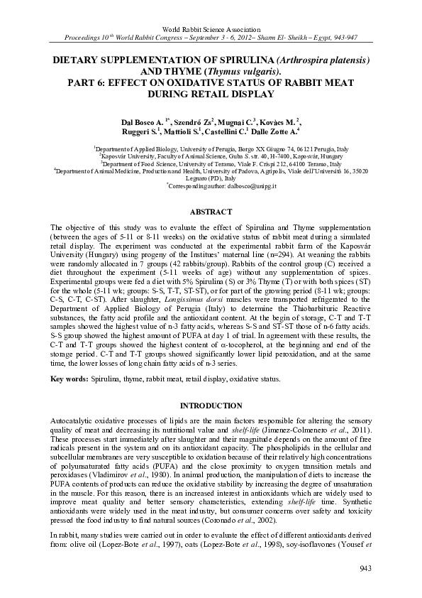 (PDF) DIETARY SUPPLEMENTATION OF SPIRULINA ( Arthrospira platensis ...