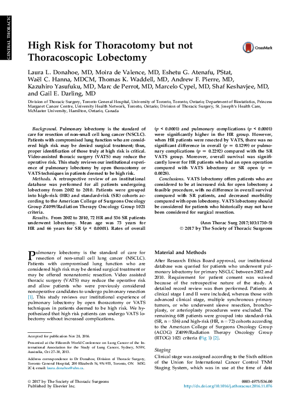 (PDF) High Risk for Thoracotomy but not Thoracoscopic Lobectomy