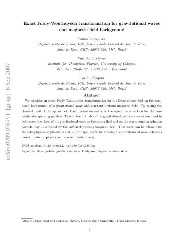 (PDF) Exact FoldyWouthuysen transformation for gravitational waves and
