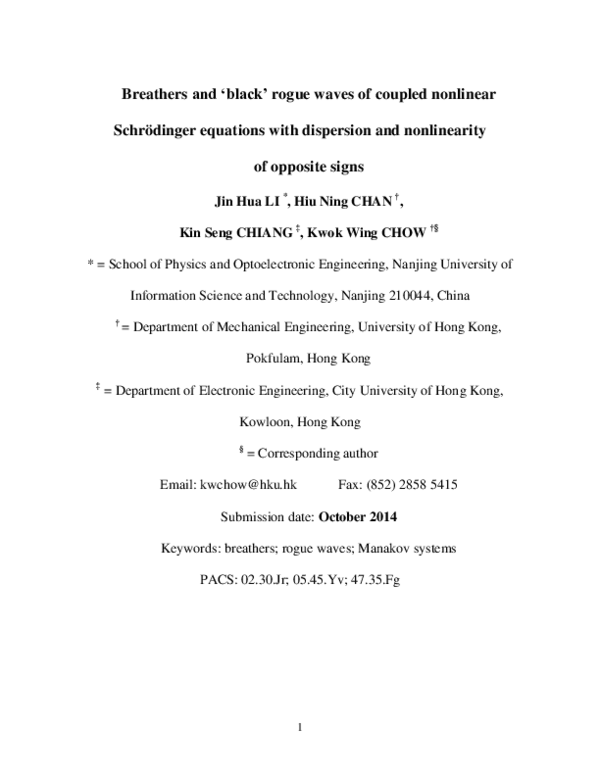 (PDF) Breathers and ‘black’ rogue waves of coupled nonlinear ...