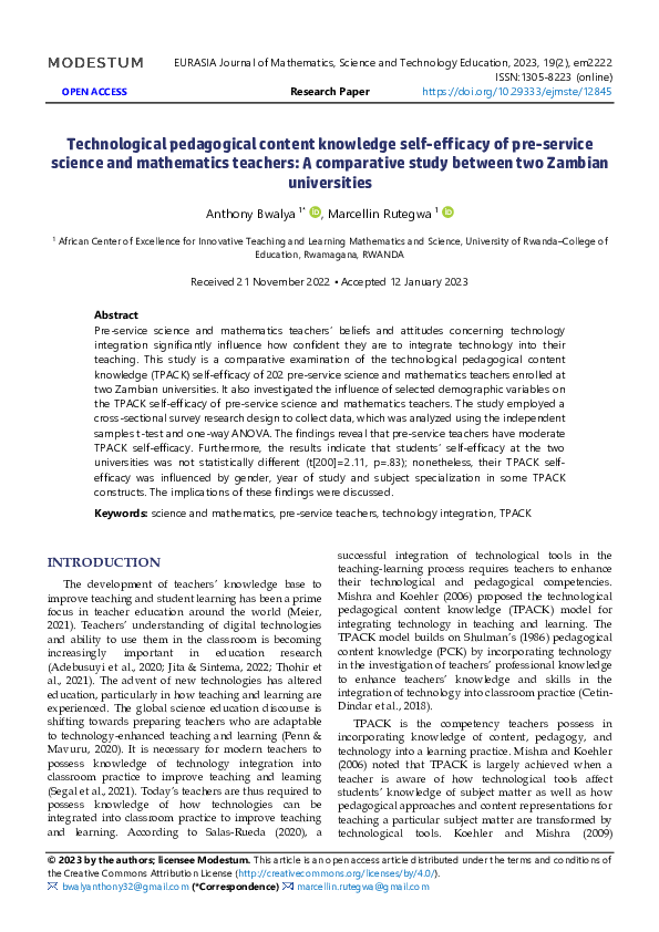 (PDF) Technological pedagogical content knowledge self-efficacy of pre ...