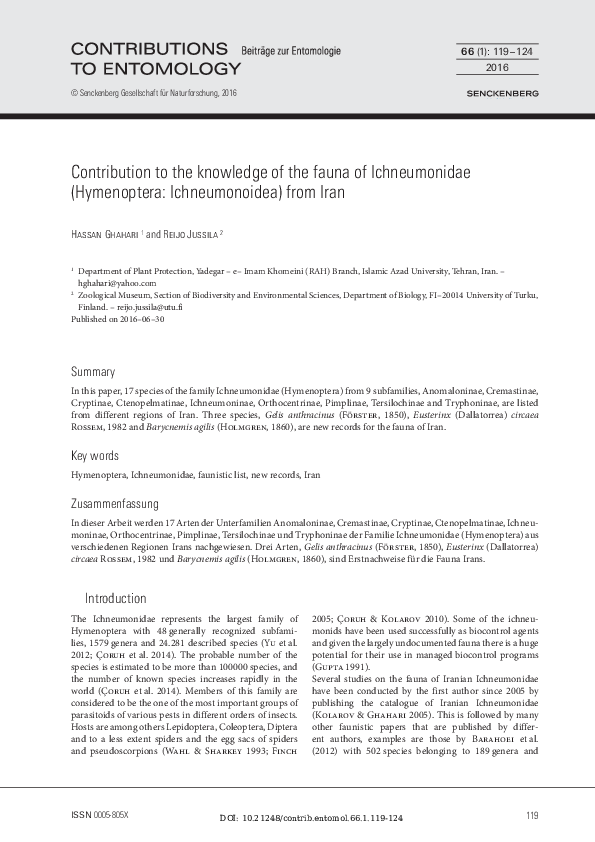 (PDF) Contribution to the knowledge of the fauna of Ichneumonidae ...