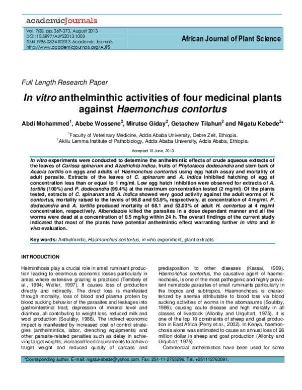 (PDF) In vitro anthelminthic activities of four medicinal plants ...
