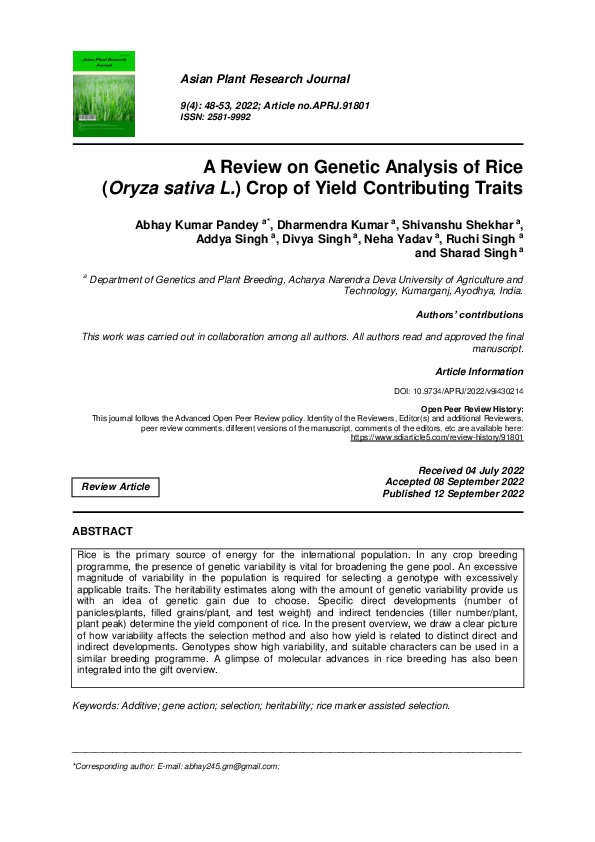 (PDF) A Review on Genetic Analysis of Rice (Oryza sativa L.) Crop of ...