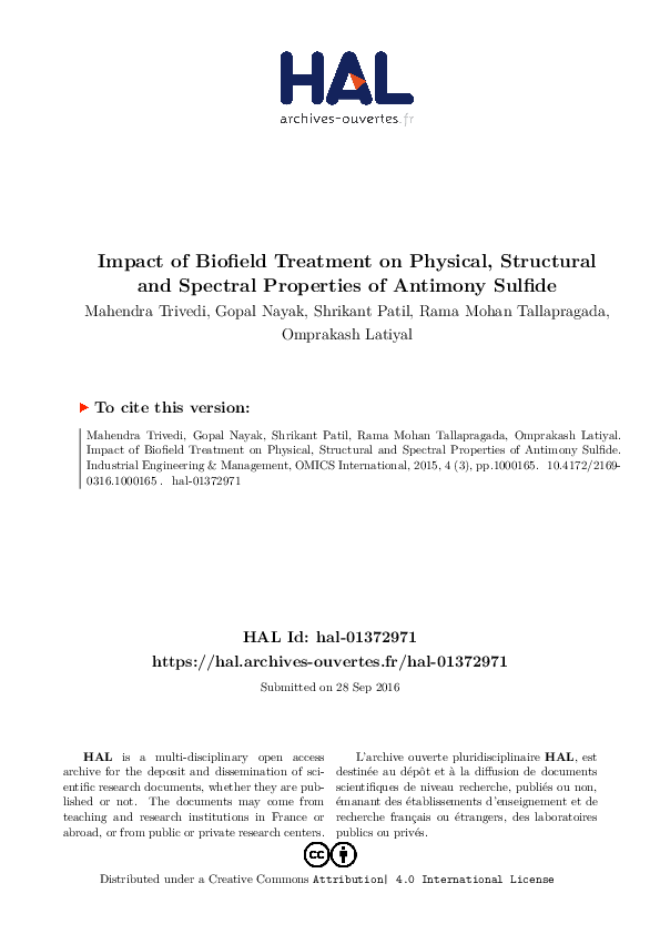 (PDF) Impact of Biofield Treatment on Physical, Structural and Spectral ...