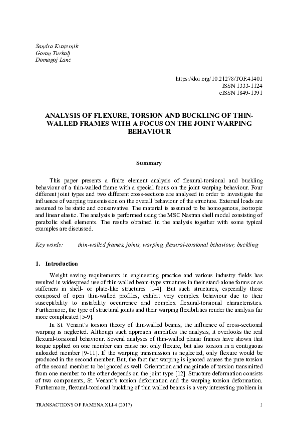(PDF) Analysis of Flexure, Torsion and Buckling of Thin-Walled Frames ...