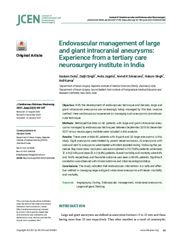 (PDF) Endovascular management of large and giant intracranial aneurysms ...