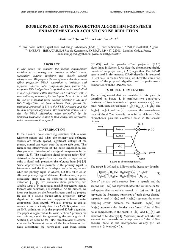 (PDF) Double pseudo affine projection algorithm for speech enhancement ...